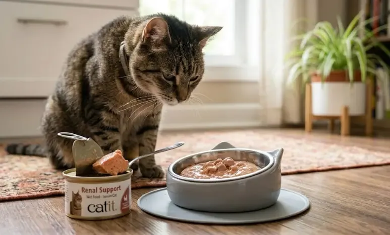 Comparativa de un bol de pienso normal alto en proteína frente a una lata de comida húmeda renal formulada
