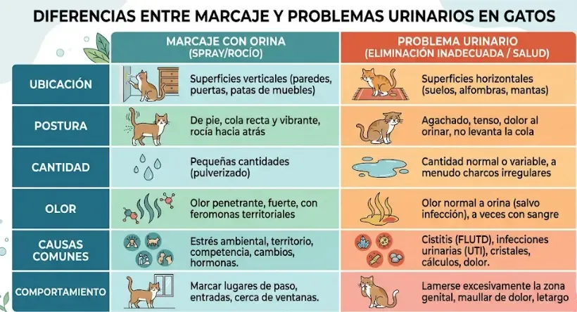 Diferencias entre marcaje y problema urinario: tabla visual