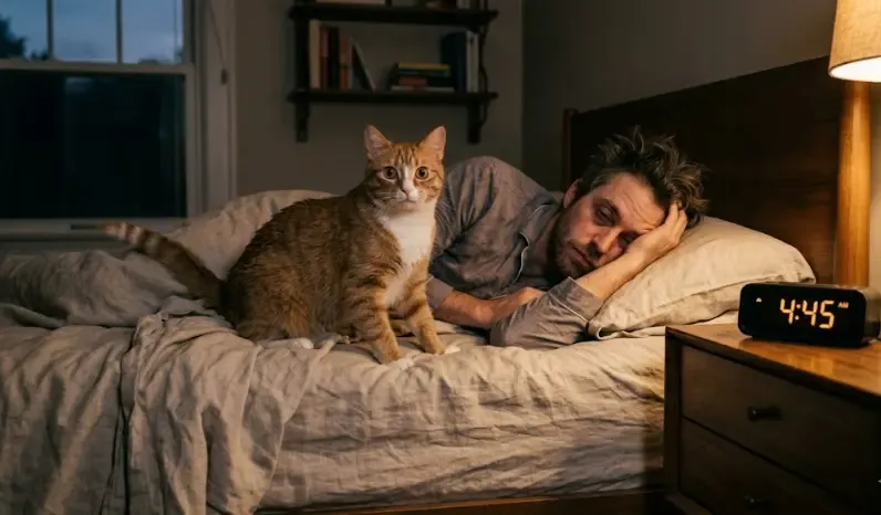 Hombre desesperado y con ojeras intentando dormir mientras su gato le observa desde la mesita de noche