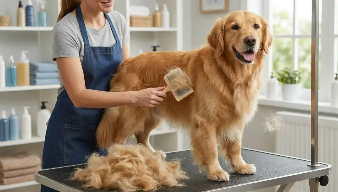 Dueño cepillando a un perro Golden Retriever con una carda tradicional y retirando gran cantidad de pelo muerto