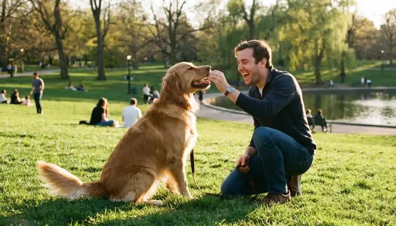 Dueño feliz dando un premio a su perro sentado en el parque