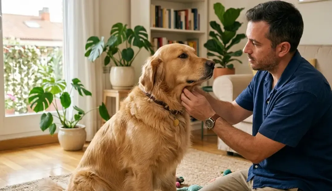 Dueño acariciando el cuello de su Golden Retriever, buscando suavemente bultos bajo el pelaje