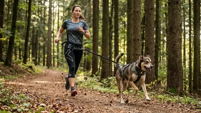 Dueño y perro corriendo juntos por un bosque otoñal practicando Canicross