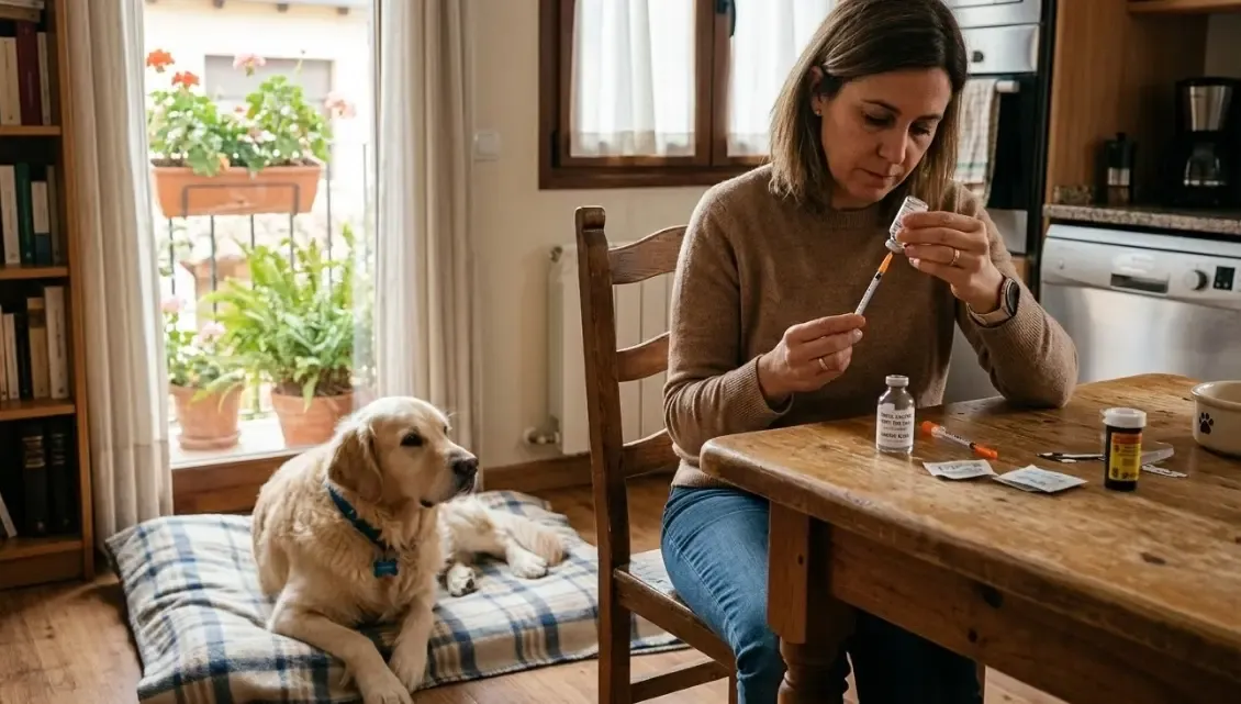 Dueño preparando una pequeña jeringa de insulina junto a un perro tranquilo