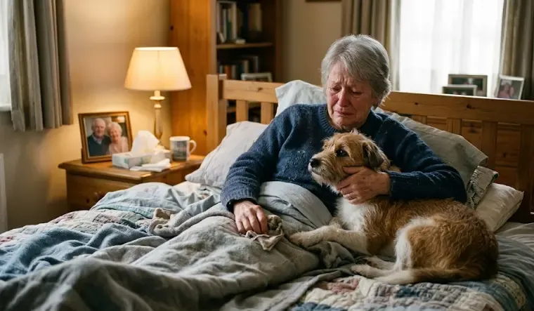 Una persona abrazando la cama vacía de su perro, mostrando el dolor físico y emocional del duelo