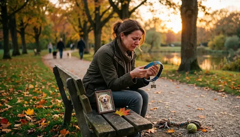 Un perro y su dueño sentados en silencio en un banco del parque, reflejando la tristeza y el acompañamiento en el duelo