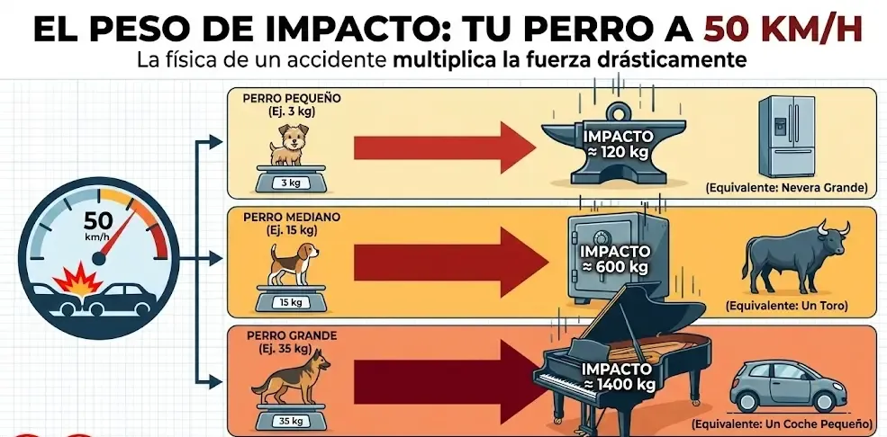 Infografía mostrando el peso de impacto de un perro a 50km/h en caso de accidente