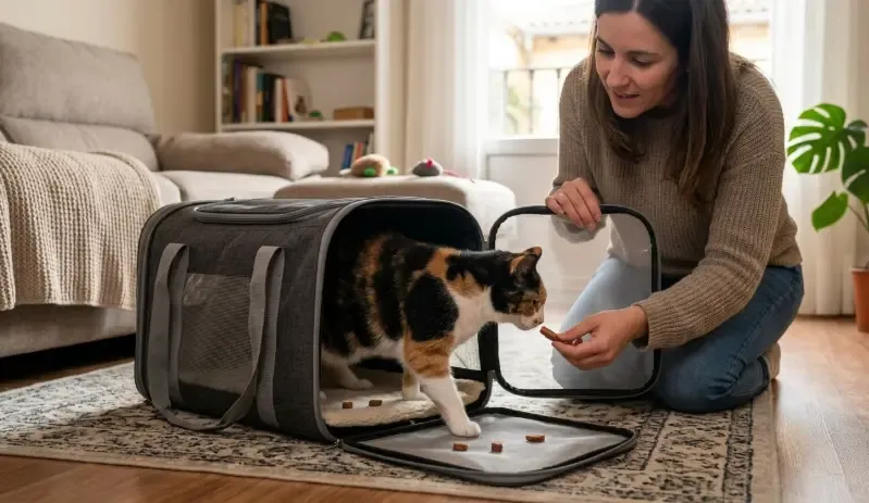 Dueño premiando a un gato con un snack líquido mientras este descansa relajado dentro del transportín