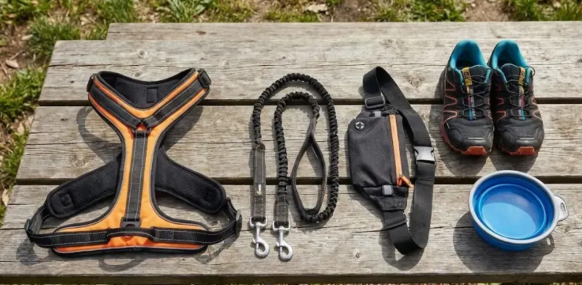 Material de Canicross: arnés de tiro, correa elástica y cinturón ancho acolchado