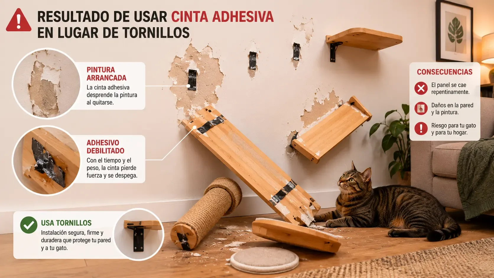 Resultado de usar cinta adhesiva en lugar de tornillos: pintura arrancada y panel caído
