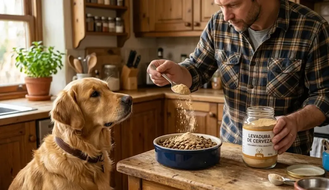Dueño espolvoreando una cucharada de levadura de cerveza en el cuenco de comida de su perro