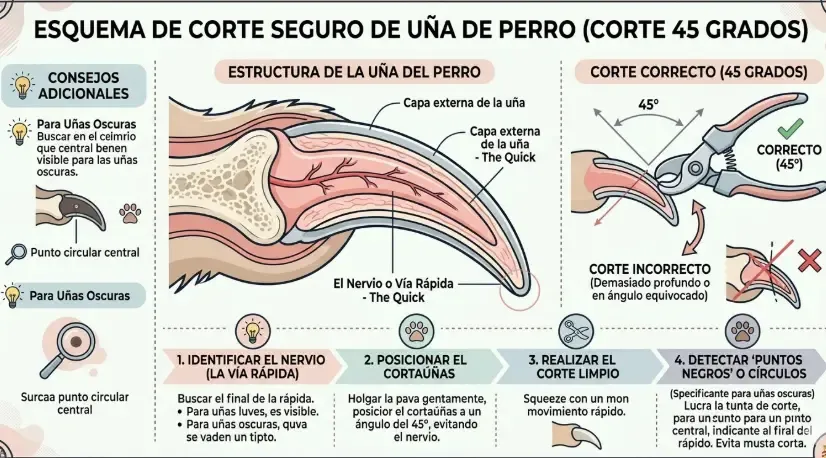 Ilustración esquemática de la uña de un perro mostrando el ángulo de corte correcto de 45 grados y la distancia de seguridad hasta la vena viva (nervio)