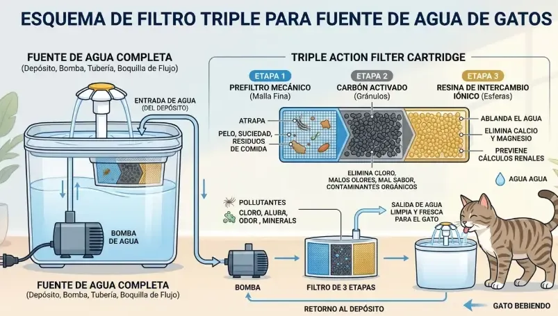 Ilustración esquemática del sistema de triple filtración de una fuente para mascotas con algodón, resina y carbón activo