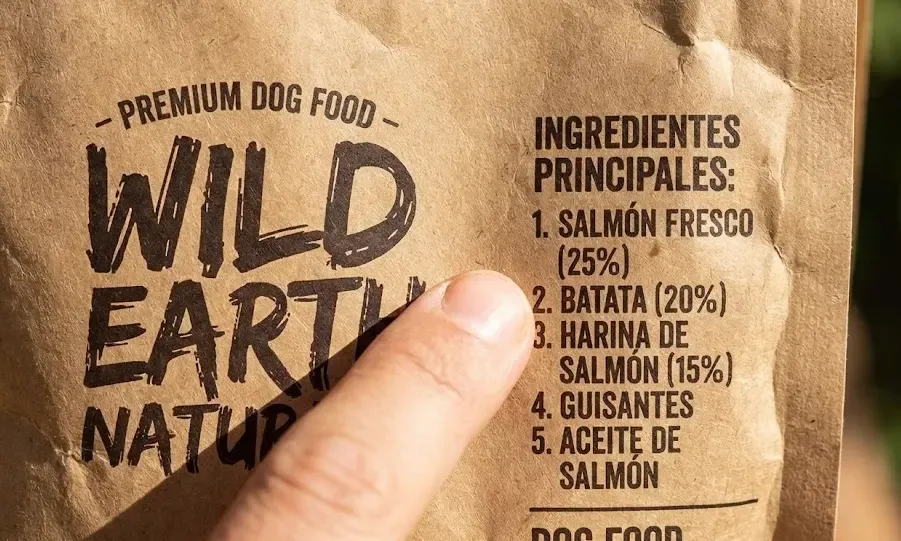 Primer plano de una etiqueta de pienso señalando los ingredientes principales
