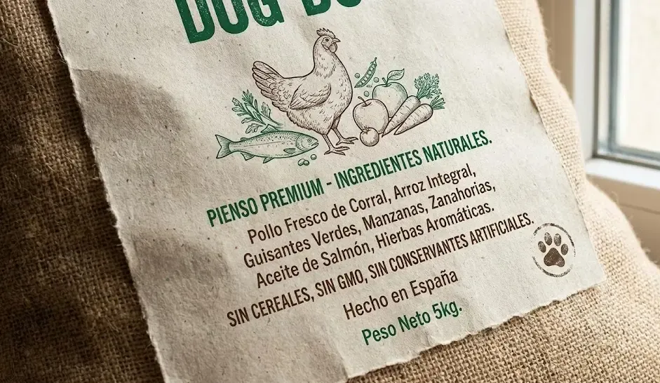 Primer plano de una etiqueta de pienso de alta calidad con ingredientes naturales