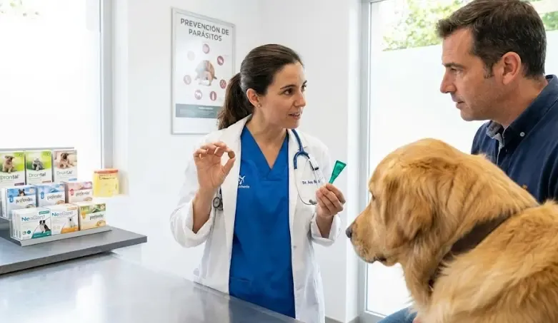 Veterinario explicando los diferentes formatos de desparasitantes a un dueño