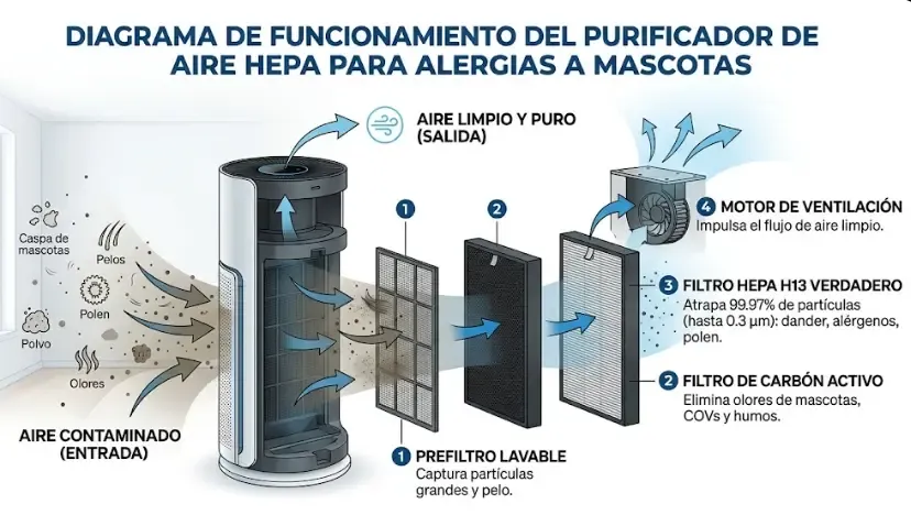 Diagrama de funcionamiento de purificador HEPA para alergias a mascotas. Flujo de aire desde entrada contaminada hasta salida limpia, pasando por prefiltro, filtro HEPA y filtro de carbón activo