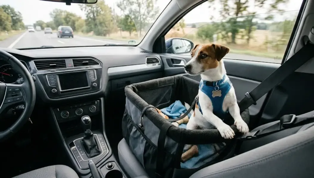 Perro pequeño viajando en un asiento delantero protegido con una funda individual de cesta