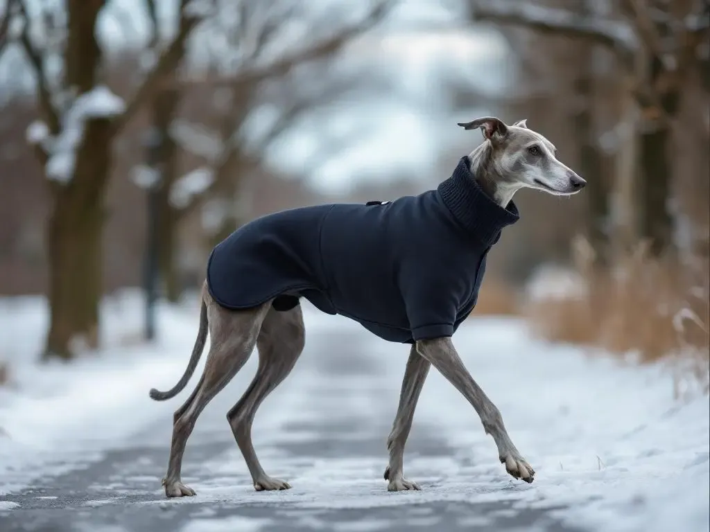 Galgo con buzo de ajuste correcto durante una de nuestras pruebas de paseo invernal: nótese la cobertura completa del pecho y la ausencia de arrugas en las axilas