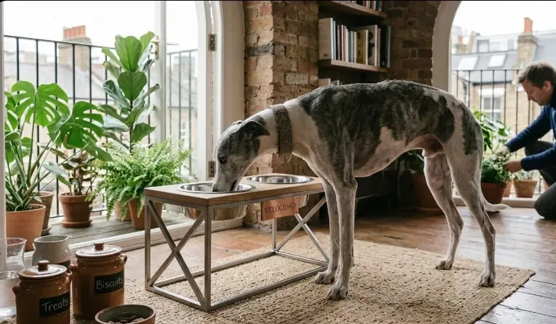 Perro de raza Galgo comiendo de un soporte elevado doble para evitar agacharse demasiado