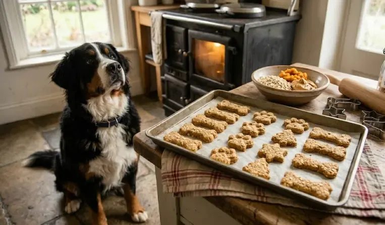 Detalle de las galletas de pollo y avena recién horneadas, con textura crujiente y color dorado, sobre una rejilla de enfriamiento