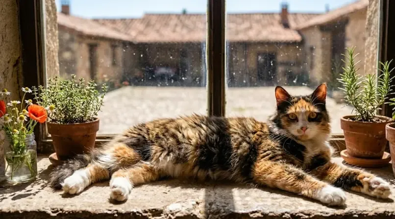 Gata tricolor calicó descansando plácidamente sobre una alfombra bañada por la luz del sol