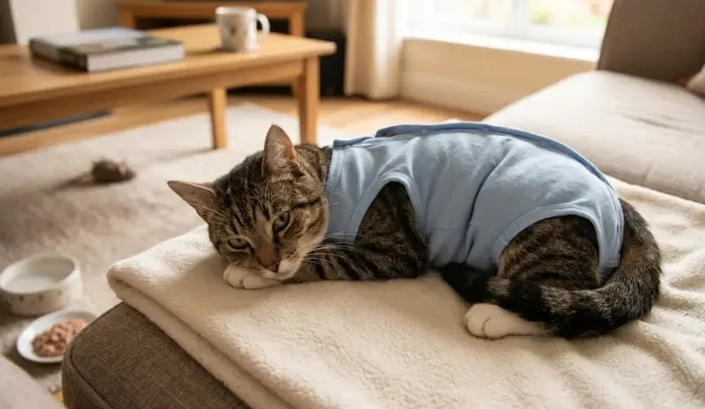 Gata esterilizada recuperándose en casa con body quirúrgico