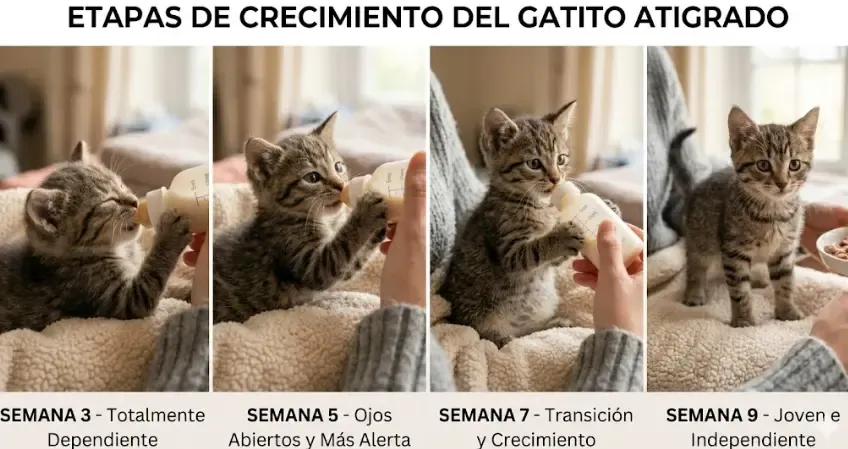 Comparativa visual de la edad de un gatito recién nacido: cordón umbilical, ojos cerrados, apertura de ojos, primeros dientes