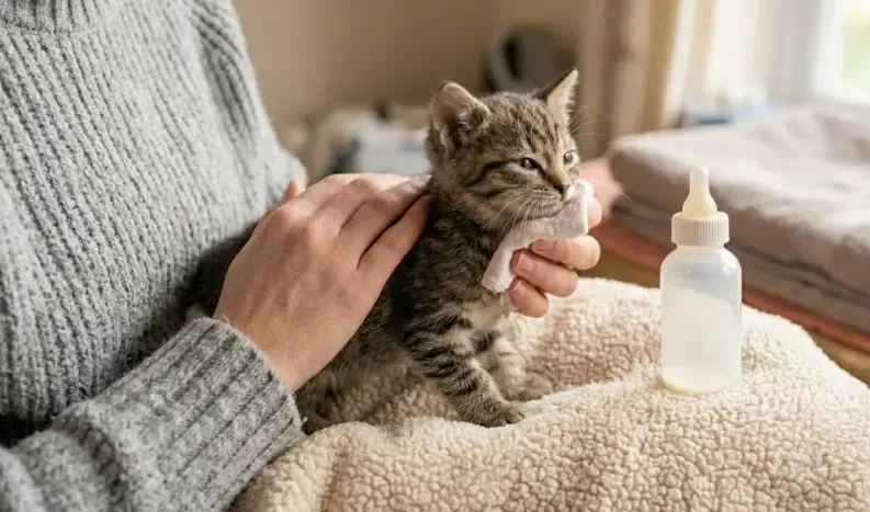 Ritual post-toma para gatitos huérfanos: hacerlos eructar, estimular para que hagan pipí y caca, y limpiar la cara