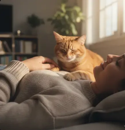 Gato relajado amasando el brazo de su dueño