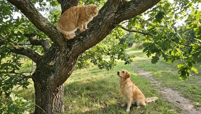 Gato observando desde un árbol rascador a un perro que descansa en el suelo