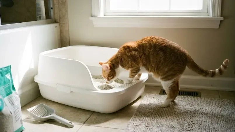 Gato inspeccionando curiosamente un arenero nuevo y limpio en el baño
