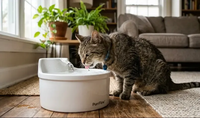 Gato bebiendo agua en exceso sobre un suelo de baldosas, síntoma que puede indicar problemas renales