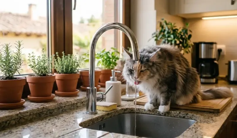 Un gato atigrado bebiendo directamente del chorro de un grifo de cocina semiabierto con los ojos cerrados