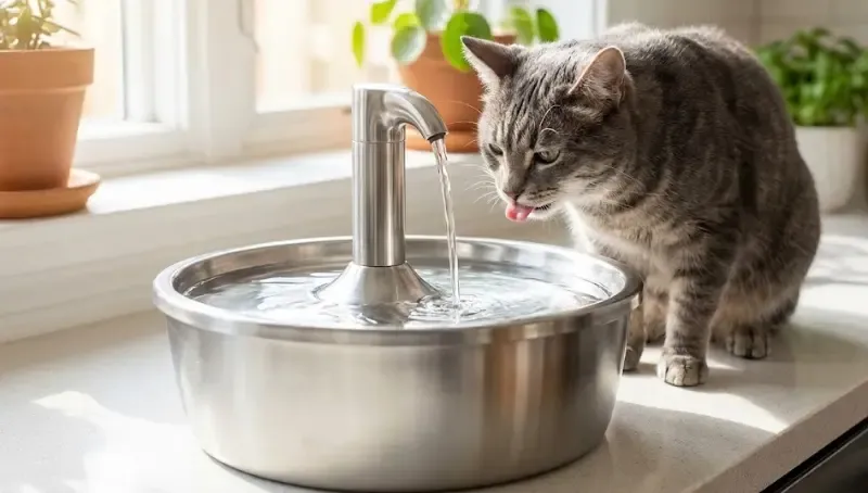 Gato bebiendo agua fresca de una fuente de acero inoxidable moderna