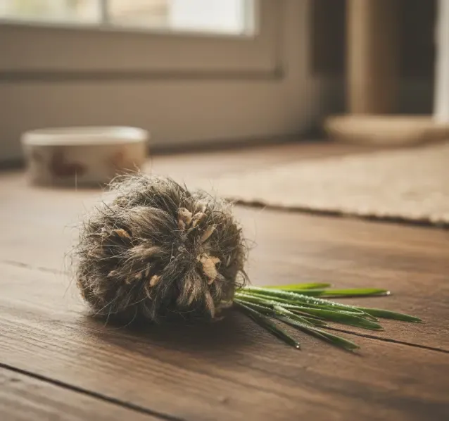 Bola de pelo expulsada por un gato junto a algunas briznas de hierba purga