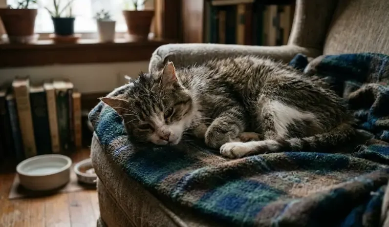 Gato durmiendo apático en el sofá, síntoma de letargo por posible deficiencia nutricional