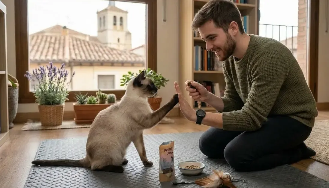 Un gato doméstico de pelo corto chocando los cinco con la mano de su dueña a cambio de un premio