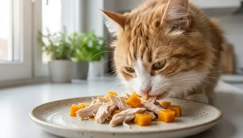 Gato comiendo comida natural cocinada en un plato llano