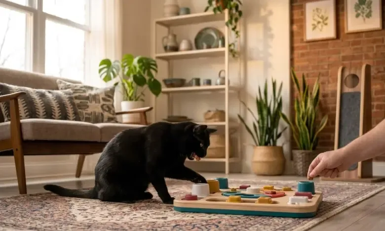 Un gato comiendo de un comedero interactivo tipo puzzle tras una sesión de juego intensa