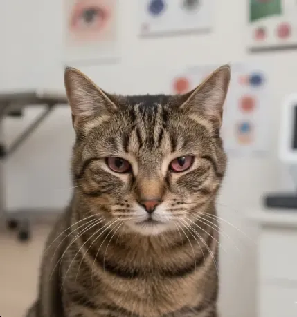 Gato con conjuntivitis y ojos entrecerrados