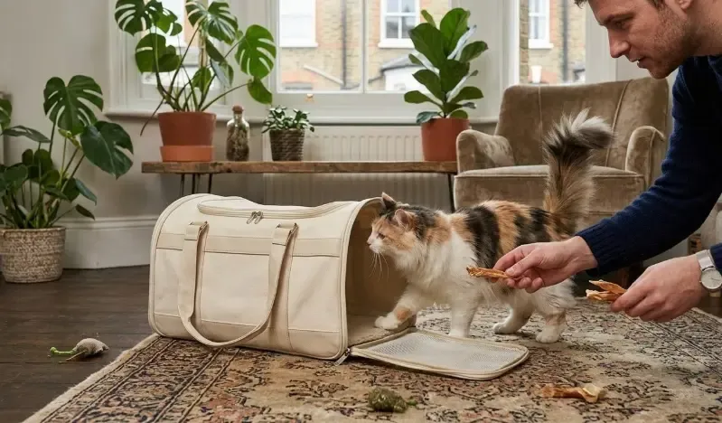 Gato atigrado asomándose con curiosidad a un transportín rígido abierto en el salón de casa
