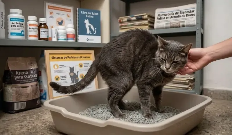 Gato atigrado agachado en su arenero abierto, mirando hacia arriba con expresión de dolor al intentar orinar