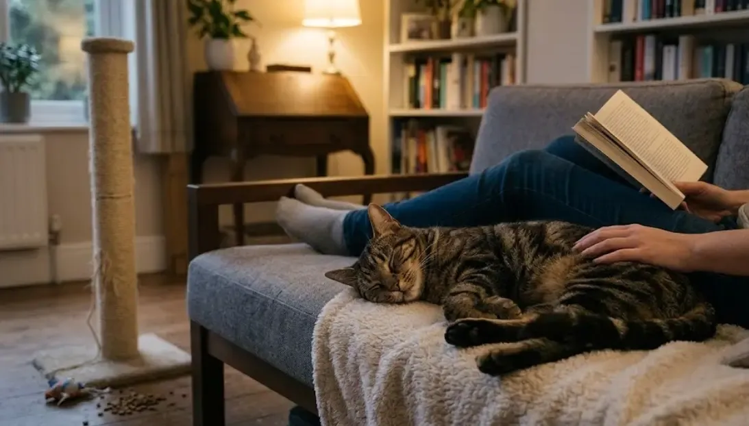 Gato descansando plácidamente en el sofá junto a su dueño, con un rascador de poste de sisal visible al fondo de la habitación