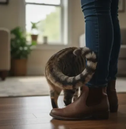 Gato enroscando su cola en la pierna de una persona