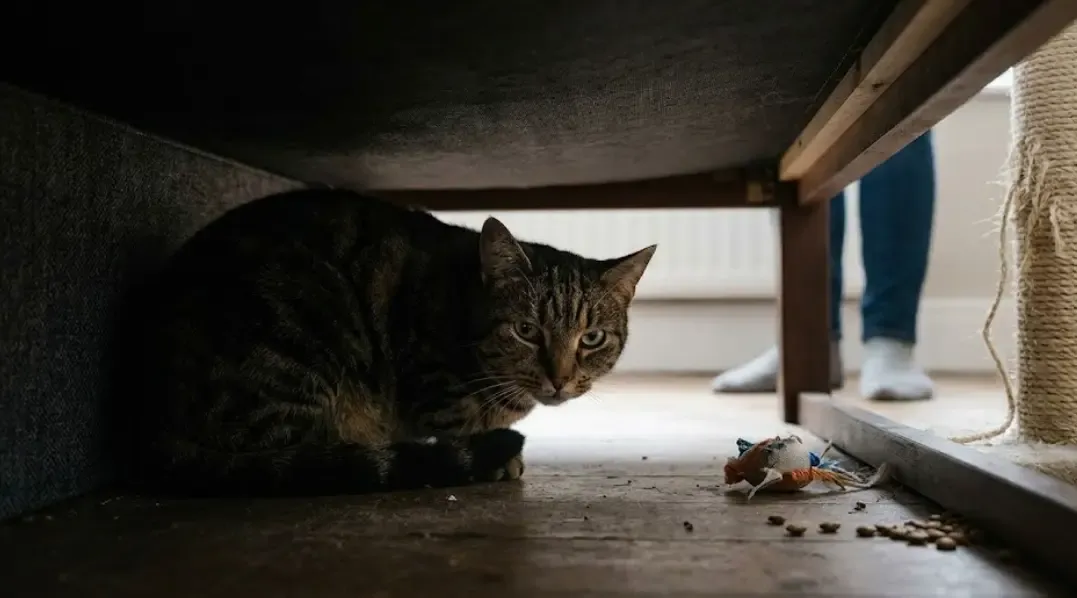 Gato escondido debajo de una cama mirando con desconfianza hacia afuera, después de haber sido regañado