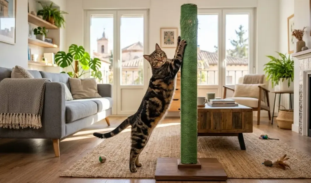 Gato atigrado estirándose al máximo mientras araña un alto poste de sisal verde en un luminoso salón