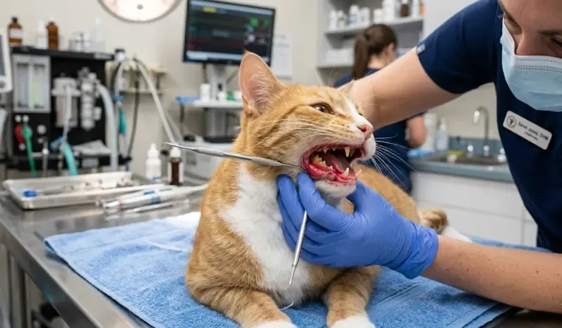 Gato con la boca ligeramente abierta, mostrando encías muy enrojecidas e inflamadas (gingivitis felina)
