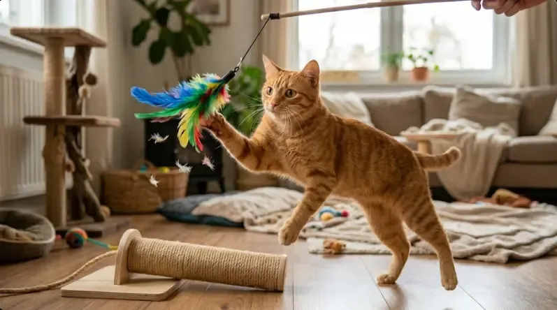 Gato jugando con caña de plumas actividad física dieta