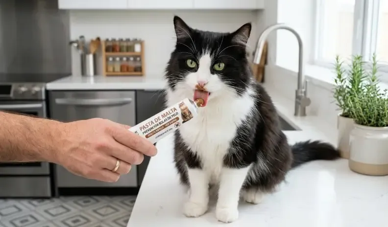 Dueño ofreciendo una pequeña dosis de pasta de malta directamente del tubo a un gato esponjoso